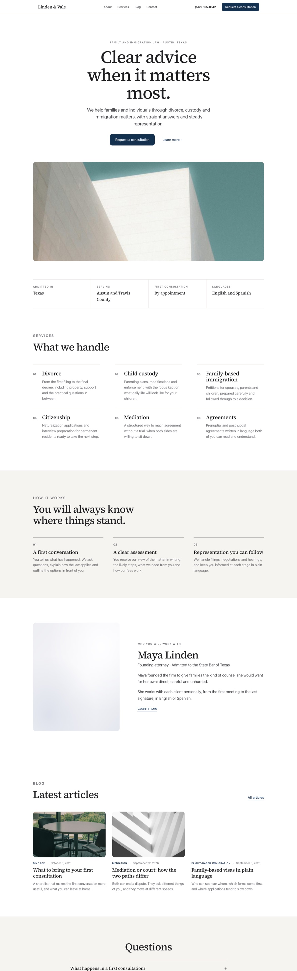 The Counsel design: home page with sample content