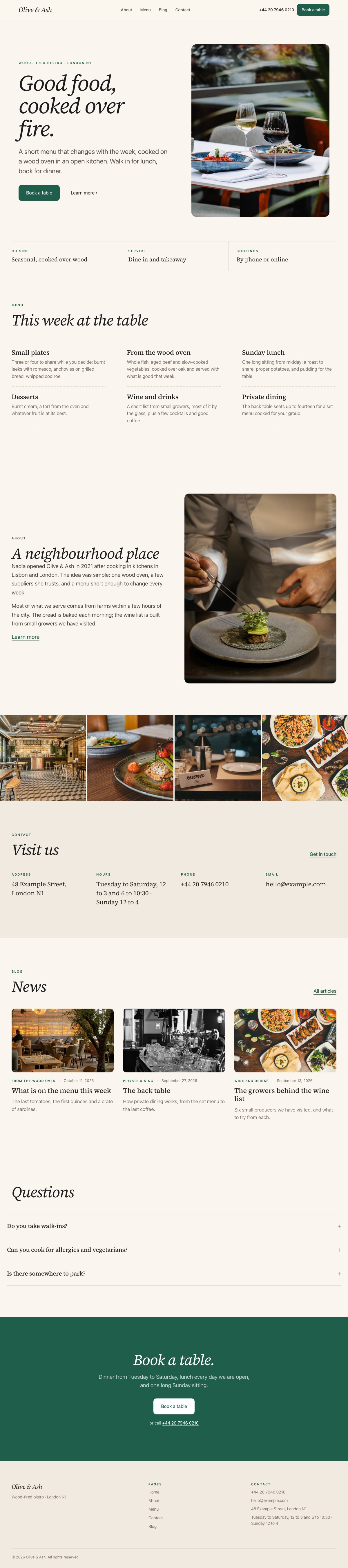 The Table design: home page with sample content